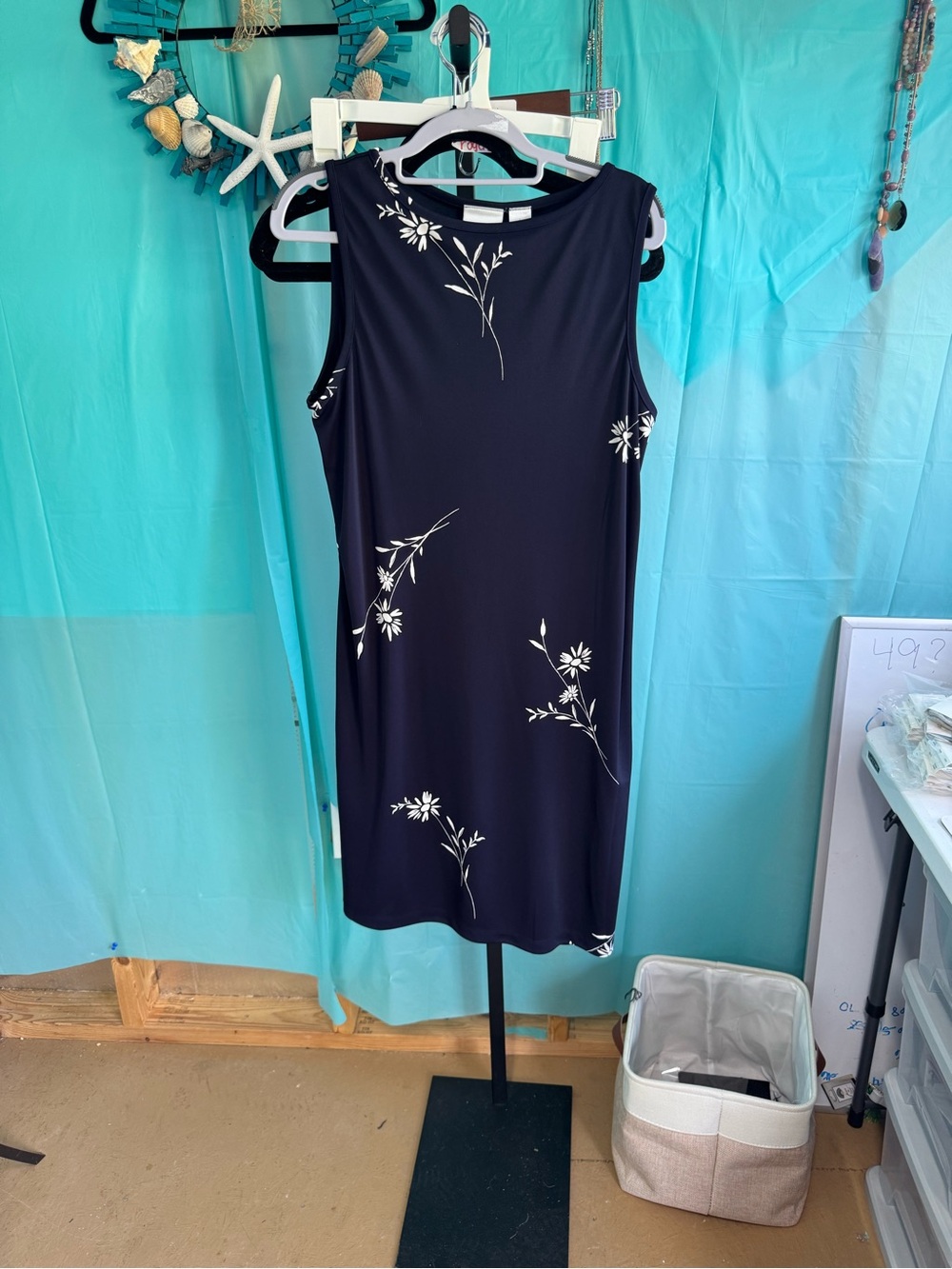 villager Navy Sleeveless Midi Dress with White Floral Motif